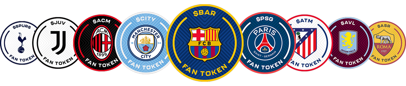 Fan Token Logos - Barcelona, PSG, Manchester City, Juventus, AC Milan, Atletico Madrid, Aston Villa, AS Roma, Tottenham